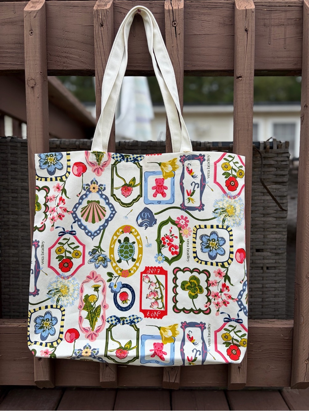 Vera Bradley Cream Tote with Multicolor Floral Medallion Print